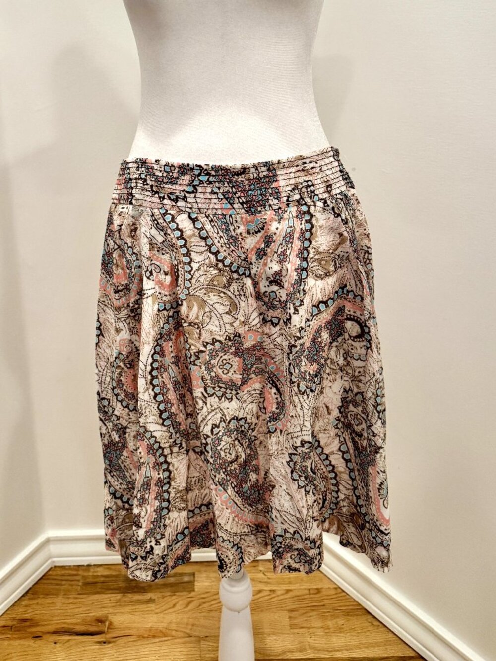 Etcetera Paisley Cotton Midi Skirt Smocked Waist Lined Size 6 NWOT